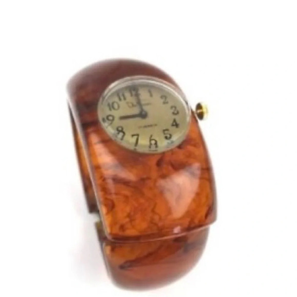 DEVECCI 17 Jewels BAKELITE Vintage 1940s Clamper Cuff Watch Root Beer TESTED - Picture 1 of 7